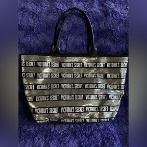 Victoria's Secret Large Black Canvas & Silver Sequin Bling VS Logo Zip Tote